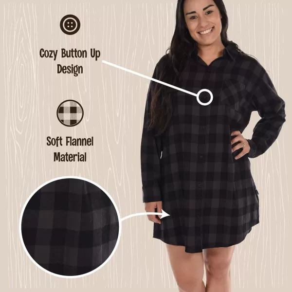 Lazy One ButtonUp Sleep Shirt Flannel Nightshirts for Women Cute Plaid DesignsGrey Buffalo Check Button Down