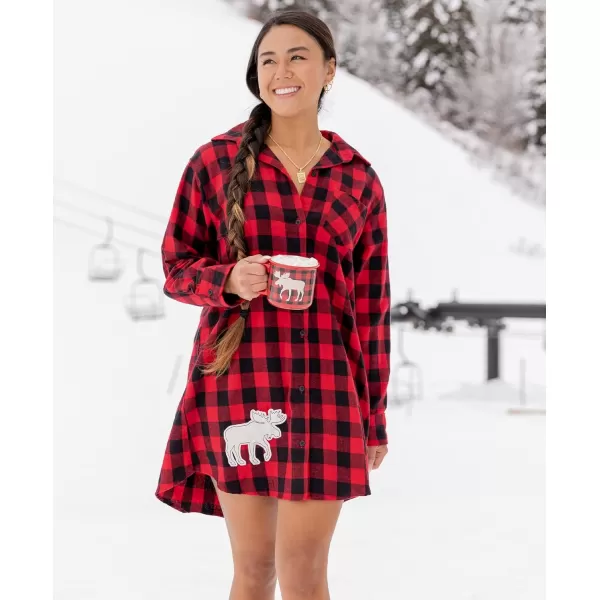Lazy One ButtonUp Sleep Shirt Flannel Nightshirts for Women Cute Plaid DesignsMoose Plaid Button Down