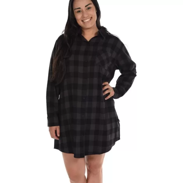 Lazy One ButtonUp Sleep Shirt Flannel Nightshirts for Women Cute Plaid DesignsGrey Buffalo Check Button Down