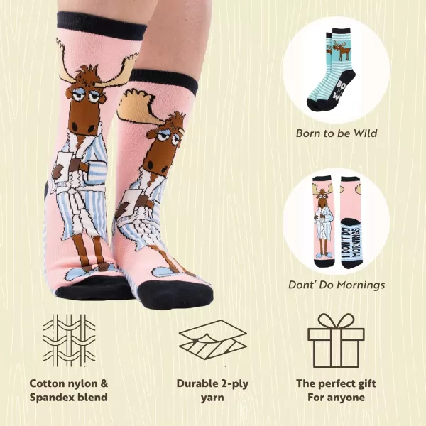 Lazy One CrewLength Funny Socks for Women and Men Crazy Crew Socks with Designs Novelty Socks in Adult Sizes Pack of 2Wild Moose Sock Pack