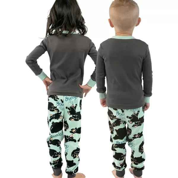 Lazy One Warm LongSleeve PJ Sets for Girls and Boys Cozy Comfy Funny Kids Pajama Sets Animal Bear ampamp MooseBearly Awake Grey Pajama Set