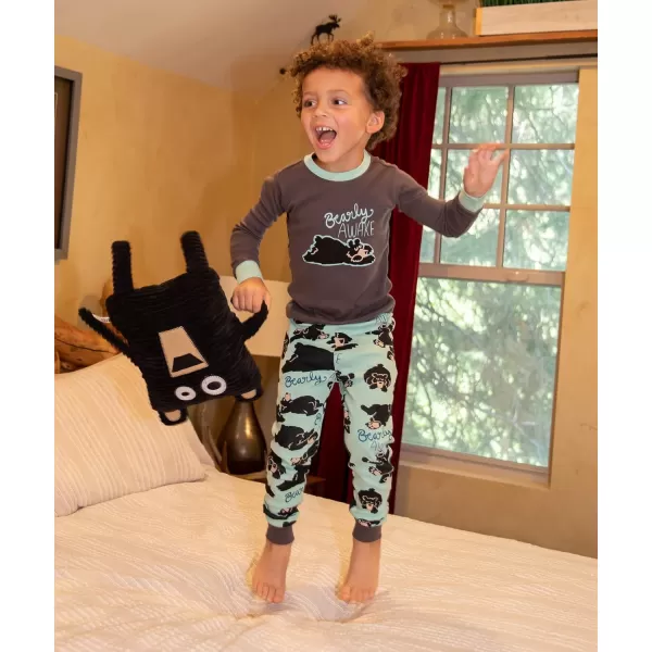 Lazy One Warm LongSleeve PJ Sets for Girls and Boys Cozy Comfy Funny Kids Pajama Sets Animal Bear ampamp MooseBearly Awake Grey Pajama Set
