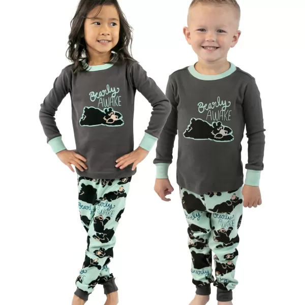Lazy One Warm LongSleeve PJ Sets for Girls and Boys Cozy Comfy Funny Kids Pajama Sets Animal Bear ampamp MooseBearly Awake Grey Pajama Set