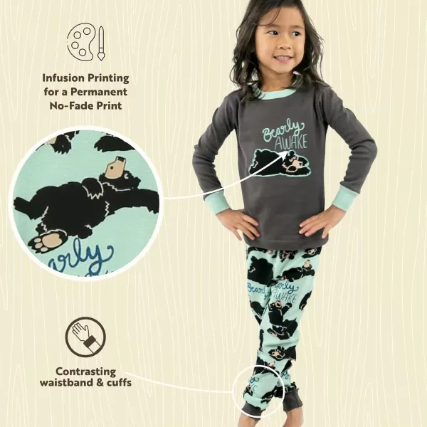 Lazy One Warm LongSleeve PJ Sets for Girls and Boys Cozy Comfy Funny Kids Pajama Sets Animal Bear ampamp MooseBearly Awake Grey Pajama Set