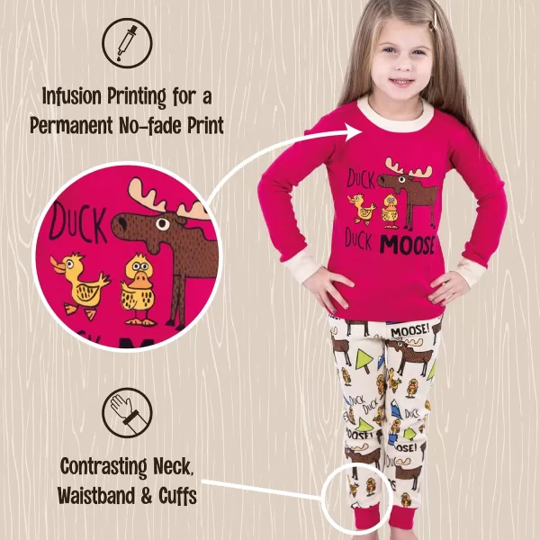 Lazy One Warm LongSleeve PJ Sets for Girls and Boys Cozy Comfy Funny Kids Pajama Sets Animal Bear ampamp MooseDuck Duck Moose Girl Pink Pajama Sets