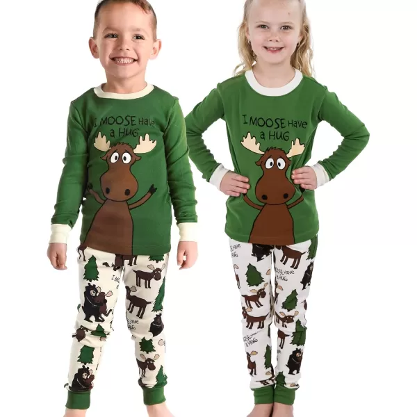 Lazy One Warm LongSleeve PJ Sets for Girls and Boys Cozy Comfy Funny Kids Pajama Sets Animal Bear ampamp MooseI Moose Have a Hug Green Pajama Sets