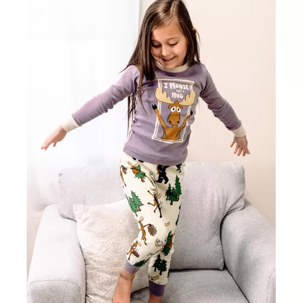 Lazy One Warm LongSleeve PJ Sets for Girls and Boys Cozy Comfy Funny Kids Pajama Sets Animal Bear ampamp MooseMoose Hug Purple Pajama Sets