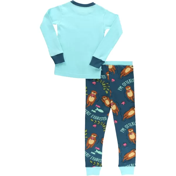Lazy One Warm LongSleeve PJ Sets for Girls and Boys Funny Animal Kids Pajama Sets Cozy ComfyOtterly Exhausted Blue Pajama Sets