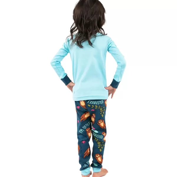 Lazy One Warm LongSleeve PJ Sets for Girls and Boys Funny Animal Kids Pajama Sets Cozy ComfyOtterly Exhausted Blue Pajama Sets
