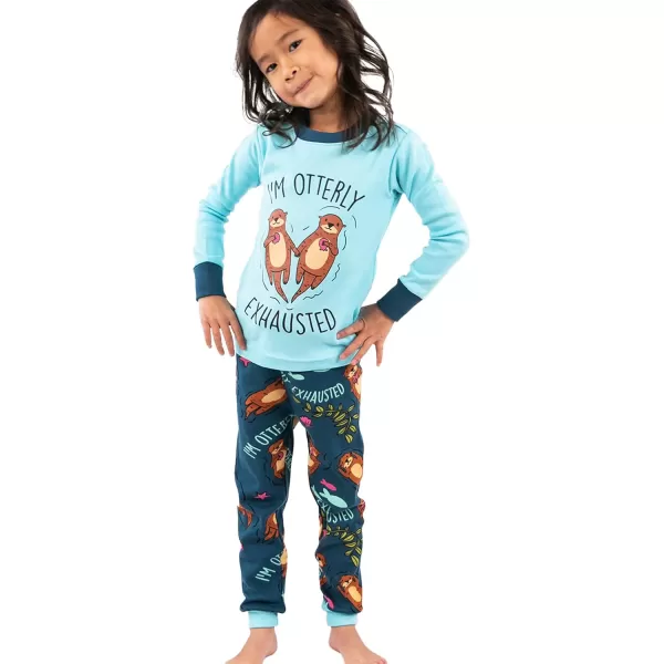 Lazy One Warm LongSleeve PJ Sets for Girls and Boys Funny Animal Kids Pajama Sets Cozy ComfyOtterly Exhausted Blue Pajama Sets