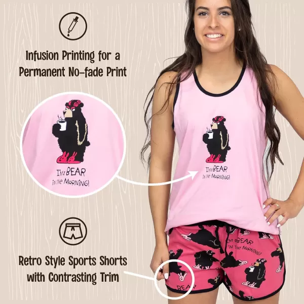Lazy One Matching Pajamas for Women Cute Pajama Shorts and Tank Top Set Animal Bear in The Morning Medium