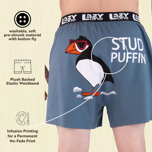 Lazy One Funny Animal Boxers Novelty Boxer Shorts Gag Gifts for Men Humorous Underwear for MenStud Puffin Blue Boxers