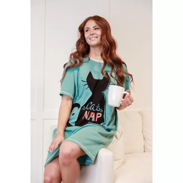 Lazy One Nightshirts for Women Cute Nightgown for Women Animal DesignsCat Nap Blue Nightshirt