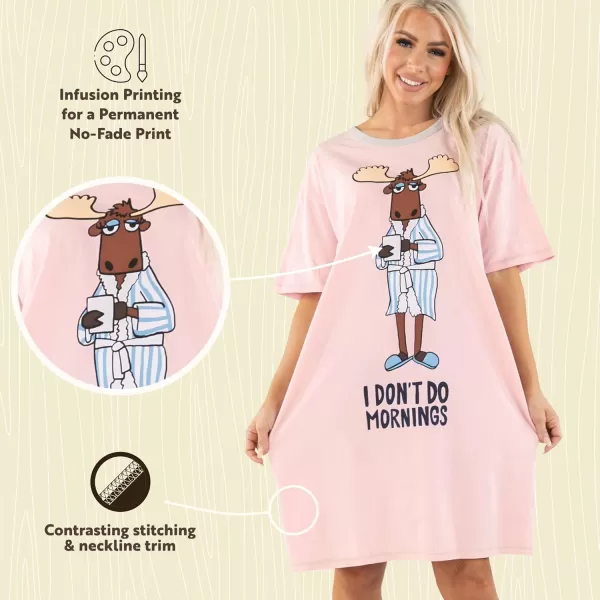 Lazy One Nightshirts for Women Cute Nightgown for Women Animal DesignsI Dont Do Mornings Moose Pink Nightshirt