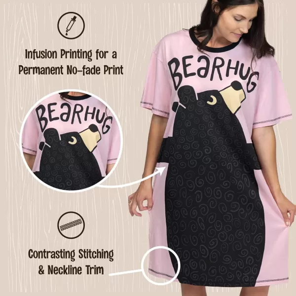 Lazy One Nightshirts for Women Cute Nightgown for Women Animal DesignsLight Pink Bear Hug Pink Nightshirt