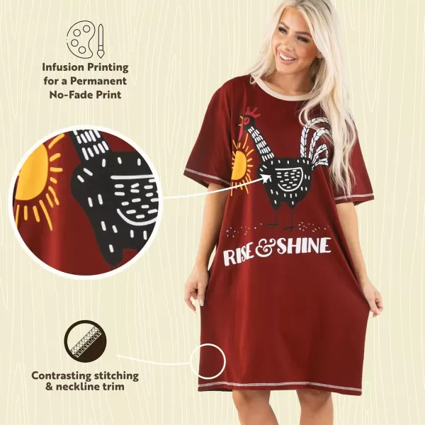 Lazy One Nightshirts for Women Cute Nightgown for Women Animal DesignsRed Rise  Shine Rooster Nightshirt
