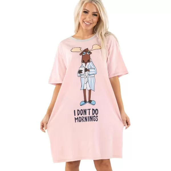 Lazy One Nightshirts for Women Cute Nightgown for Women Animal DesignsI Dont Do Mornings Moose Pink Nightshirt