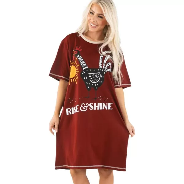 Lazy One Nightshirts for Women Cute Nightgown for Women Animal DesignsRed Rise  Shine Rooster Nightshirt