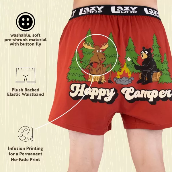 Lazy One Funny Animal Boxers Novelty Boxer Shorts Humorous Underwear Gag Gifts for Men Funny Bear BoxersHappy Camper Red Boxers