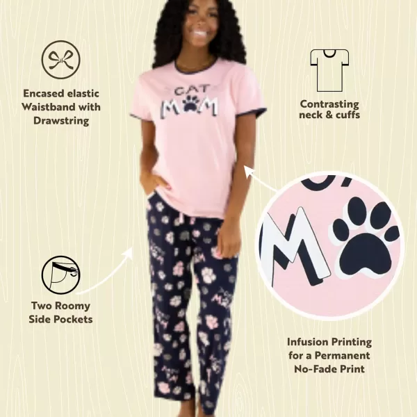 Lazy One Womens Pajama Set Short Sleeves with Cute Prints Relaxed FitCat Mom Pajama Set