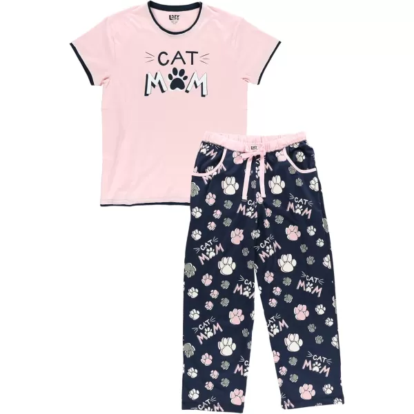 Lazy One Womens Pajama Set Short Sleeves with Cute Prints Relaxed FitCat Mom Pajama Set