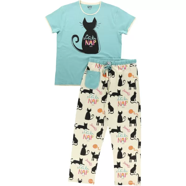 Lazy One Womens Pajama Set Short Sleeves with Cute Prints Relaxed FitCat Nap Blue Pajama Set
