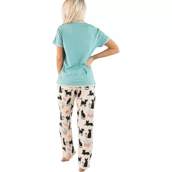 Lazy One Womens Pajama Set Short Sleeves with Cute Prints Relaxed FitCat Nap Blue Pajama Set
