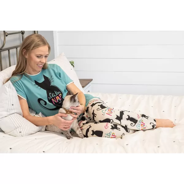 Lazy One Womens Pajama Set Short Sleeves with Cute Prints Relaxed FitCat Nap Blue Pajama Set