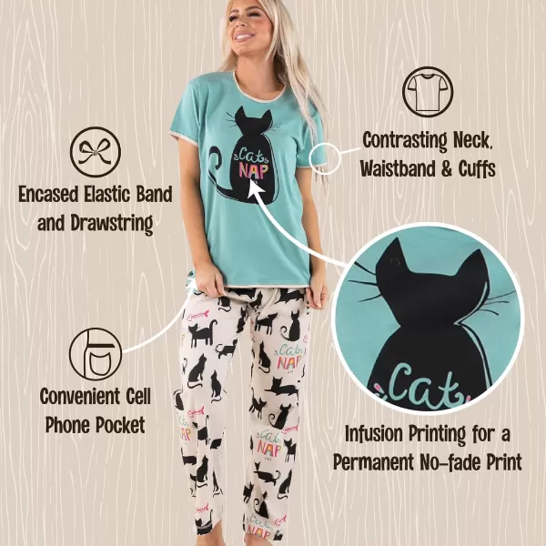 Lazy One Womens Pajama Set Short Sleeves with Cute Prints Relaxed FitCat Nap Blue Pajama Set