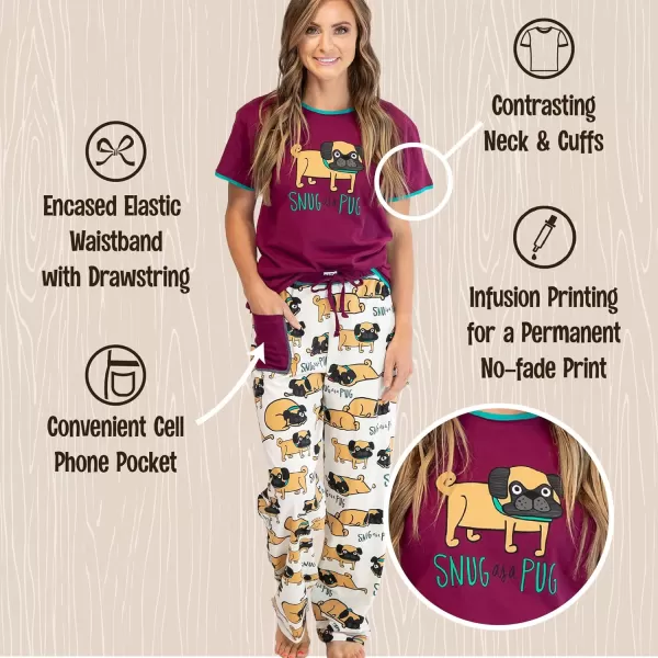 Lazy One Womens Pajama Set Short Sleeves with Cute Prints Relaxed FitSnug as a Pug Pajama Set