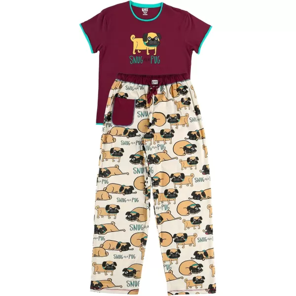 Lazy One Womens Pajama Set Short Sleeves with Cute Prints Relaxed FitSnug as a Pug Pajama Set