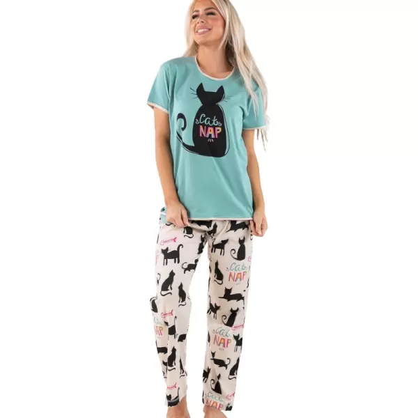 Lazy One Womens Pajama Set Short Sleeves with Cute Prints Relaxed FitCat Nap Blue Pajama Set