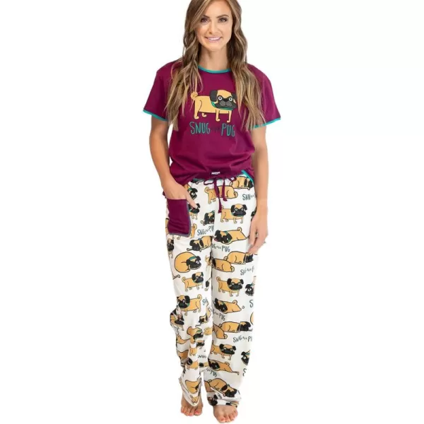 Lazy One Womens Pajama Set Short Sleeves with Cute Prints Relaxed FitSnug as a Pug Pajama Set