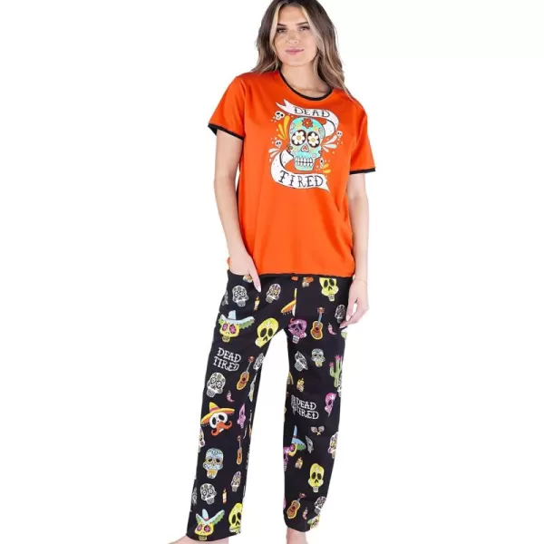 Lazy One Womens Pajama Set Short Sleeves with Cute Prints Relaxed FitDead Tired Orange Womens Pj Set