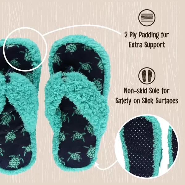 Lazy One Spa FlipFlop Slippers for Women Girls Fuzzy House SlippersTurquiose Turtle