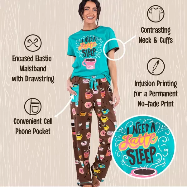 Lazy One Womens Pajama Set Short Sleeves with Cute Prints Relaxed Fit Coffee Donut Latte Sleep PJ Set Medium