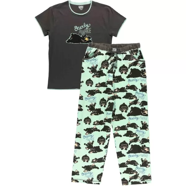 Lazy One Womens Pajama Set Short Sleeves with Cute Prints Relaxed FitBeary Awake Grey Pajama Set
