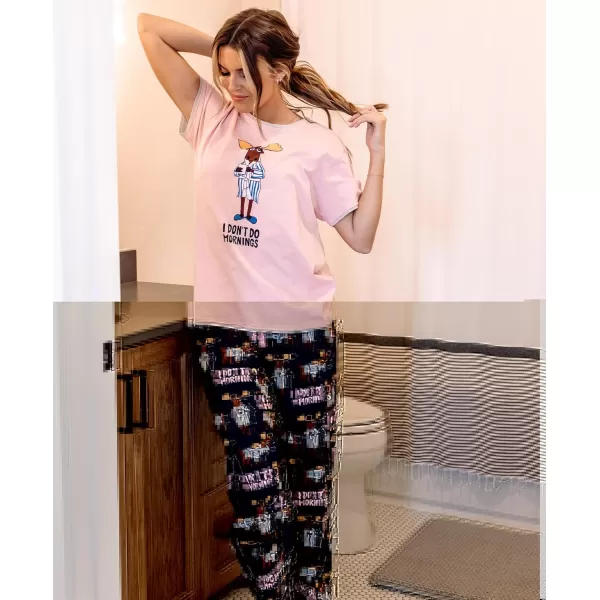 Lazy One Womens Pajama Set Short Sleeves with Cute Prints Relaxed FitDont Do Mornings Moose Pink Pj Set