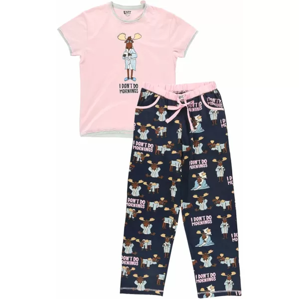 Lazy One Womens Pajama Set Short Sleeves with Cute Prints Relaxed FitDont Do Mornings Moose Pink Pj Set