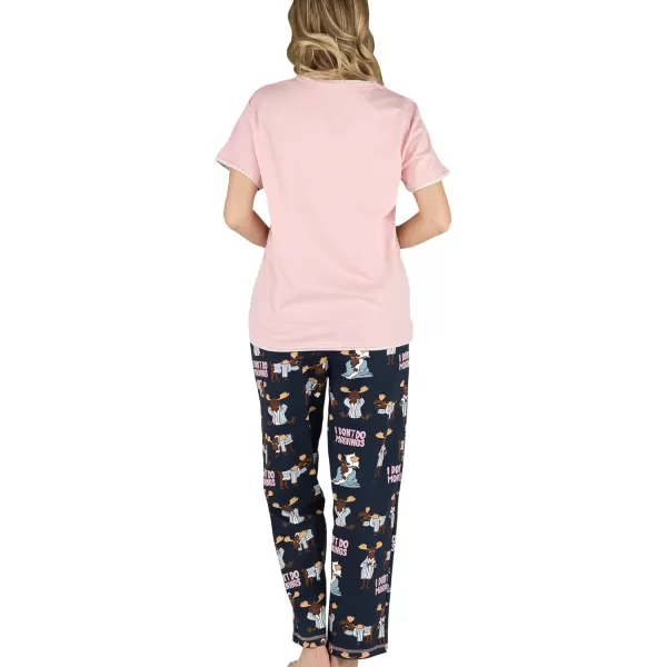 Lazy One Womens Pajama Set Short Sleeves with Cute Prints Relaxed FitDont Do Mornings Moose Pink Pj Set