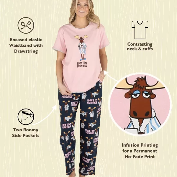 Lazy One Womens Pajama Set Short Sleeves with Cute Prints Relaxed FitDont Do Mornings Moose Pink Pj Set