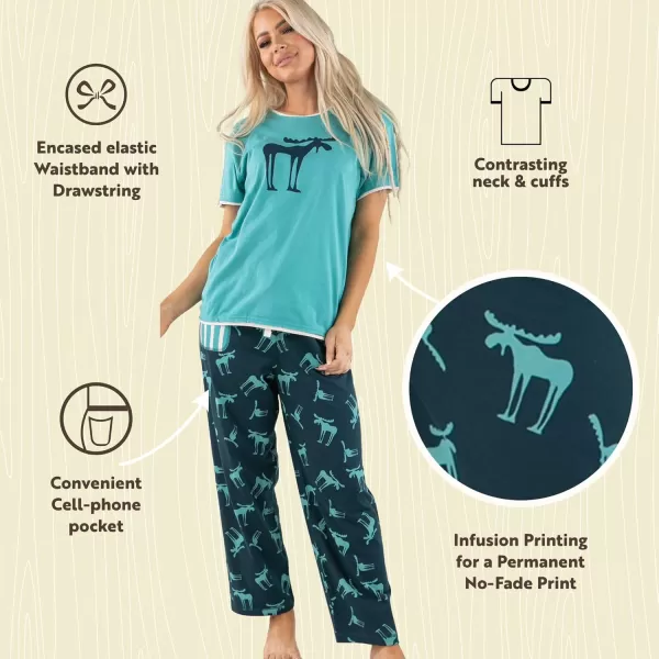 Lazy One Womens Pajama Set Short Sleeves with Cute Prints Relaxed FitFunky Moose Blue Pajama Set