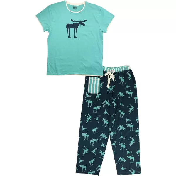Lazy One Womens Pajama Set Short Sleeves with Cute Prints Relaxed FitFunky Moose Blue Pajama Set