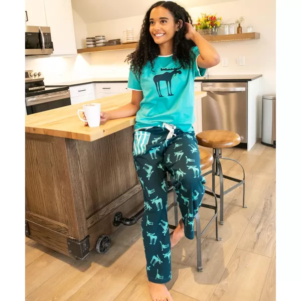 Lazy One Womens Pajama Set Short Sleeves with Cute Prints Relaxed FitFunky Moose Blue Pajama Set
