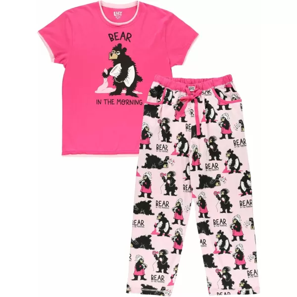 Lazy One Womens Pajama Set Short Sleeves with Cute Prints Relaxed FitPink Bear in the Morning Pajama Set