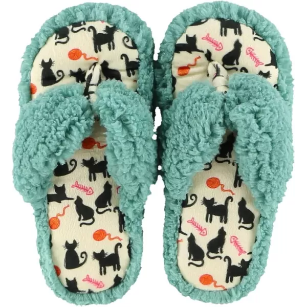 Lazy One Spa FlipFlop Slippers for Women Girls Fuzzy House SlippersMineral Blue Cat Nap