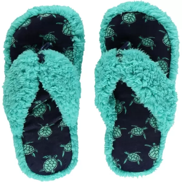 Lazy One Spa FlipFlop Slippers for Women Girls Fuzzy House SlippersTurquiose Turtle