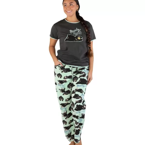 Lazy One Womens Pajama Set Short Sleeves with Cute Prints Relaxed FitBeary Awake Grey Pajama Set