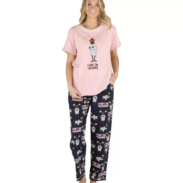 Lazy One Womens Pajama Set Short Sleeves with Cute Prints Relaxed FitDont Do Mornings Moose Pink Pj Set
