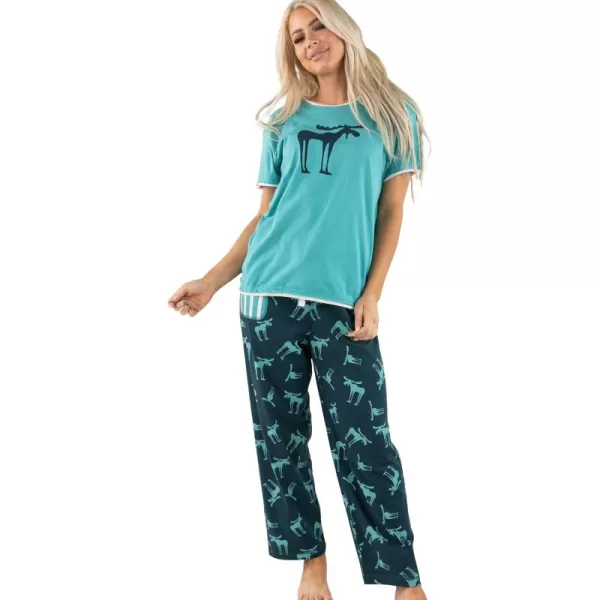 Lazy One Womens Pajama Set Short Sleeves with Cute Prints Relaxed FitFunky Moose Blue Pajama Set